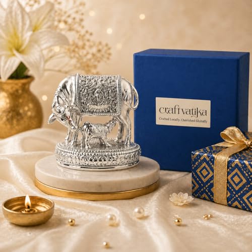 Image of CraftVatika 999 Pure Silver-Plated Kamdhenu Cow with Calf Idol Statue 2.5 Inch Vastu Home Decor for Pooja Room & Mandir, Home Decoration Items, House warming Gifts, Anniversary Wedding Gifts for Women