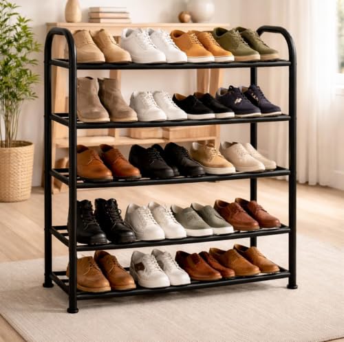 Image of 5-Tier Metal Shoe Rack for Home, Heavy Duty Shoe Stand Organizer, Space Saving Multi-Layer Footwear Storage Shelf for Entryway, Bedroom, Closet & Living Room, Black