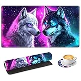 FQSXFIFN Gaming Mouse Pad with Coaster, Wearproof Extended Large Mousepad for Desk Computer, Keyboard and XL Mouse Pad with Non Slip Rubber Base, Wolf Couple Desk Mat for Home Office