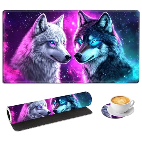 FQSXFIFN Gaming Mouse Pad with Coaster, Wearproof Extended Large Mousepad for Desk Computer, Keyboard and XXL Mouse Pad with Non Slip Rubber Base, Wolf Couple Desk Mat for Home Office