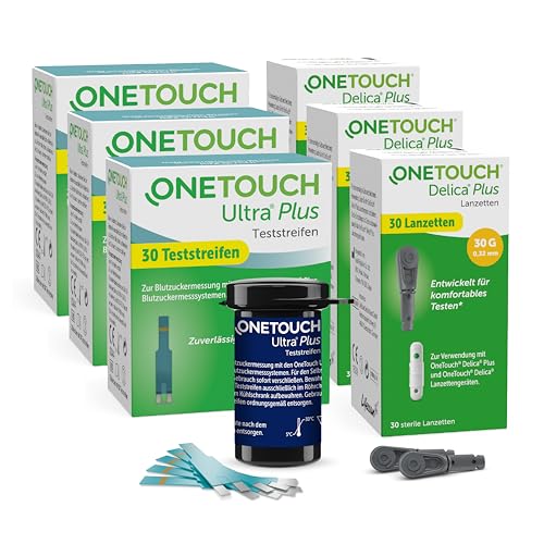OneTouch Ultra Plus Kombi-Pack L für Blutzuckermessung, Teststreifen & Lanzetten für Diabetes (Zucker-Krankheit)| 90 Tests, 3 Packungen Teststreifen, je 30 Stück, 3 Packungen Lanzetten, je 30 Stück