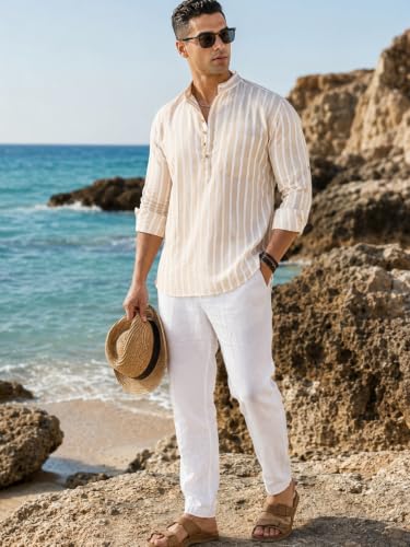 Image of Majestic Man Men's Pure Cotton Striped Mandarin Collar Regular Fit Roll-Up Sleeves Short Kurta