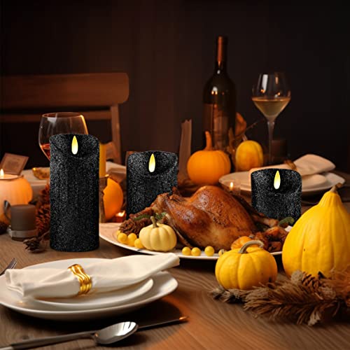 Image of CVHOMEDECO. Set of 3 Glitter Flameless Candles Flickering Battery Operated LED Candles for Home, Wedding, Halloween, Christmas Decor. Black (Black) | Flickering LED, Battery Operated, Wedding Decor, Holiday Decor