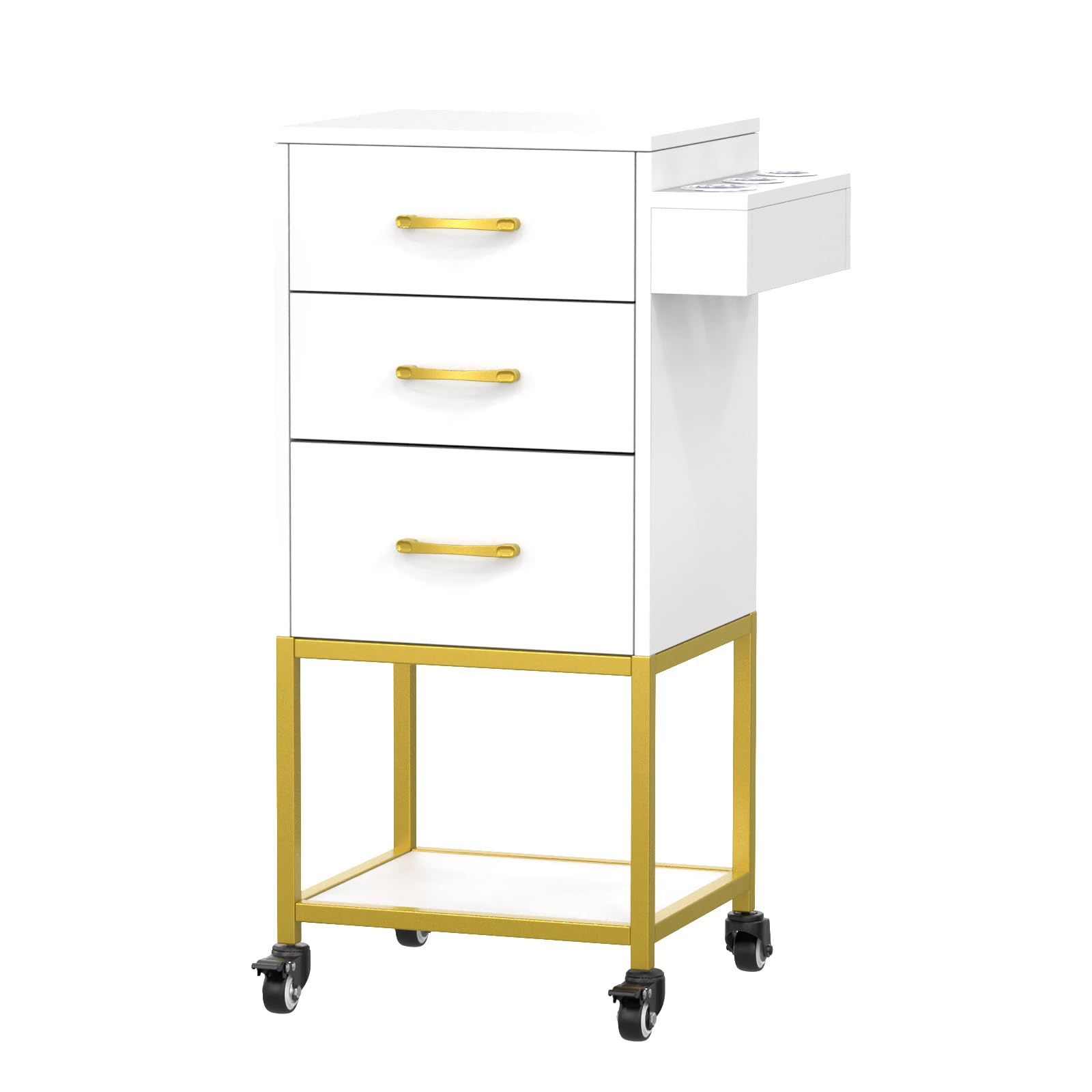 OmySalon Salon Storage Trolley Cart, White Gold Salon Station for Stylist, Beauty Wooden Hair Cabinet with Dryer Holder & Drawer, Hairdressing Tools Organizer Equipment for Spa Barbershop