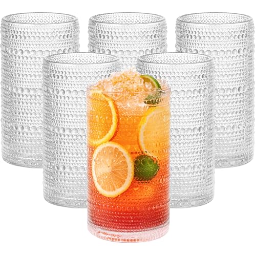 PORANDIA Large 16 oz-480 ml Hobnail Drinking Glasses Set of 6, Vintage Embossed Tumbler Clear Highball Glasses for Cocktail, Juice, Whiskey, Beer, Milk and Various Mixed Drinks