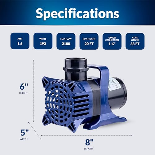 Image of Alpine Corporation 2100 GPH Submersible Water Pump with 33 FT Cord and Adapters for Ponds, Fountains, Waterfalls, and Water Circulation, 192 Watts 20 FT Lift Quiet Operation Vertical /Horizontal