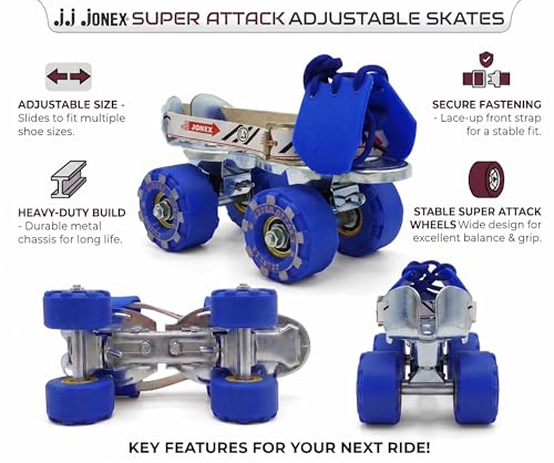 Image of Jonex Unisex Attack Adjustable Quad Roller Skates for Junior Kids (3-6 Years), Indoor Outdoor Wheels, Metal Body, 56 mm Wheels, Color - Blue