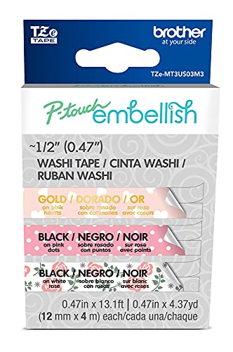 Image of Brother 3-Pack Pink Washi Tape Assortment TZeMT3US03M3 ~ inch Wide x 13.1' Long for use with P-Touch Embellish Ribbon & Tape Printer, Multi 3 Piece