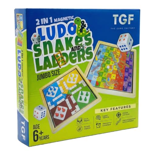 Image of THE GAME FACTORY Magnetic 2-in-1 Wooden Ludo and Snake & Ladder Board Game - Premium Travel-Friendly Game Set for Kids & Family - Durable Wooden Board with Bright Colors