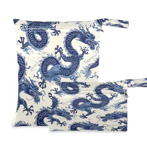 ATTX Chinese Dragon Pattern Wet Dry Bags 2-Pack - Reusable Cloth Diaper Storage for Travel, Beach & Gym | Multi-Use Waterproof Bags for Swimsuits, Baby Clothes, Sports Gear#451