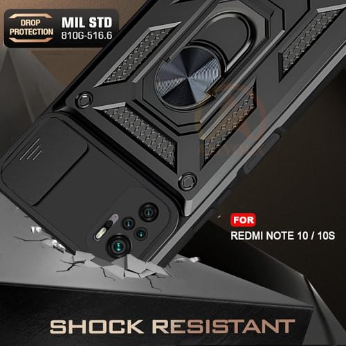 Image of Armor Bumper Back Cover Case for Redmi Note 10 / 10S Rotating Camera Cover, Ring Holder & Kickstand | Heavy Duty & 360 Degree Protection Redmi Note 10 / 10S Back Cover (Black)