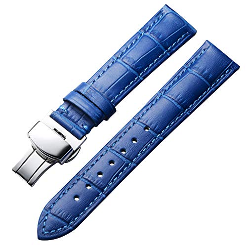 Calfskin Leather Quick Release Watch Band 10 Colors Replacement Alligator Strap with Silver Butterfly Deployment Buckle 12mm 13mm 14mm 16mm 17mm 18mm 19mm 20mm 21mm 22mm 23mm 24mm for Men Women
