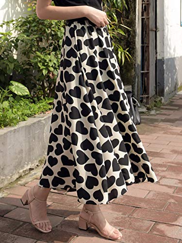 ebossy Women's Heart Print Elastic High Waist Swing Flared A-Line Midi Long Skirt2