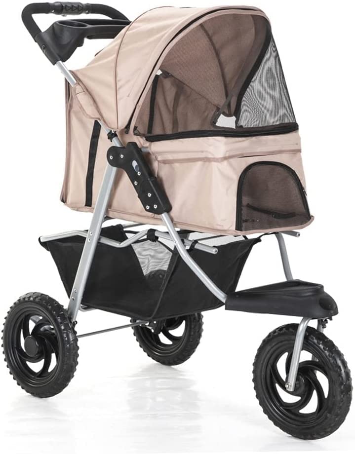 Cochecito para mascotas de 3 ruedas para gatos/perros Cochecito para perros medianos y pequeños con ruedas grandes Cochecito para perros plegable con portavasos (Caqui)
