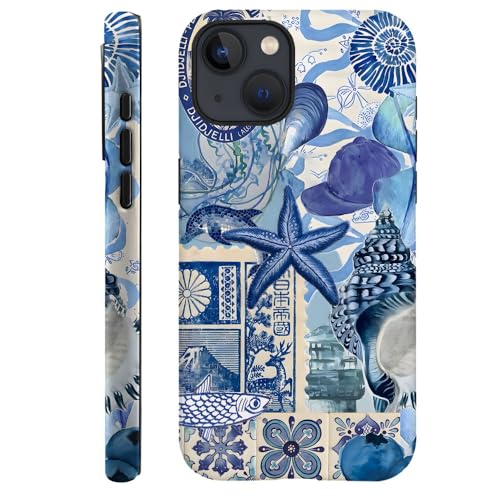 Case for iPhone 13,Fits Frosted Case Design for Girl Women,Beach Blue Starfish Themed Collage European