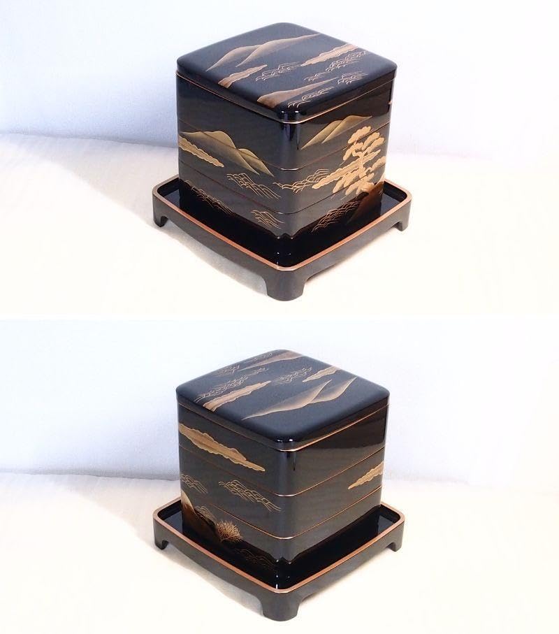 Amazon.co.jp: 輪島塗 浜松山水蒔絵 三段重箱 台 金縁 胴張 お重 弁当 