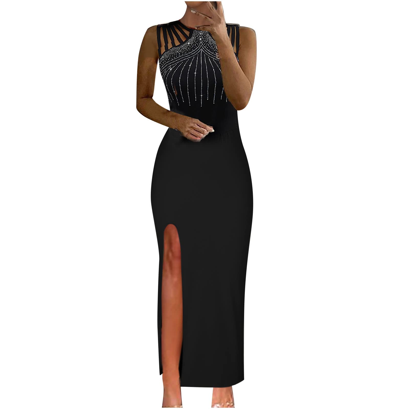 Rkaixuni Women's Black Classy Sequin Dress Sexy Hollow Out Strappy Bodycon Maxi Dress High Slit Cocktail Evening Party Ball Gown
