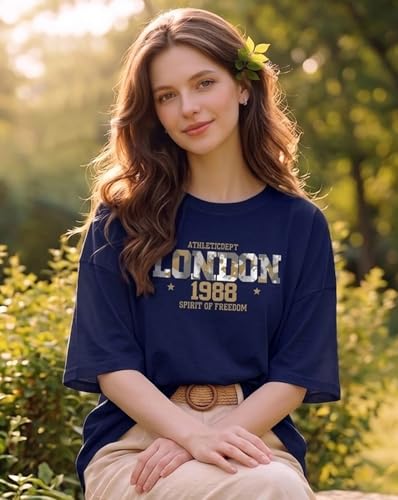 Image of Women's Typography Round Neck Cotton-Blend T-Shirts, Oversized Drop Shoulder Boho Style T-Shirt