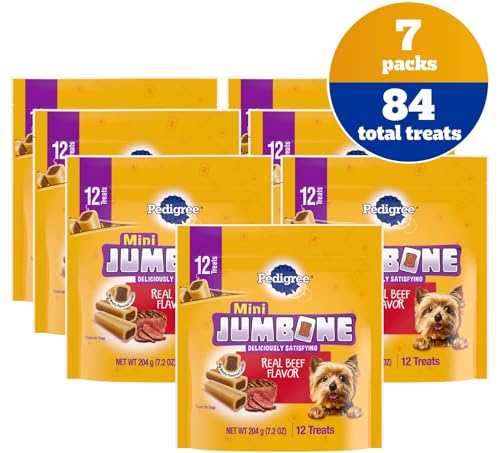 Image of Pedigree Mini Jumbone Small Dog Treats, Beef Flavor, 12 Count, 7-Pack | Bone-like exterior, meaty center, long-lasting chew, for toy and small dogs 5-15 lbs, developed with Waltham Science