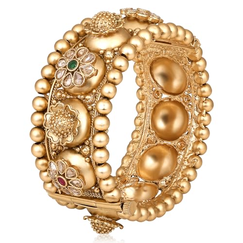 Aheli Gold Plated Synthetic Stone Studded Dome Style Thick Single Piece Openable Kada Bangle Traditional Jewellery Gift for Women Size - 2.6 Inch