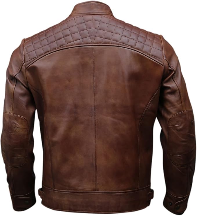 Image of Genuine Leather Men's cafe racer jacket Sheepskin Quilted Motorcycle Style Lambskin Leather Jacket Men