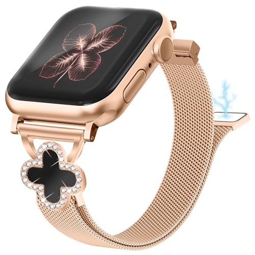Joyozy Slim Metal Band Compatible with Apple Watch Band 38mm 40mm 41mm 42mm 44mm 45mm 46mm 49mm Skinny Magnetic Strap with Bling Charms, Cute Stainless Steel Band, Dressy Thin iWatch Bracelet for Women