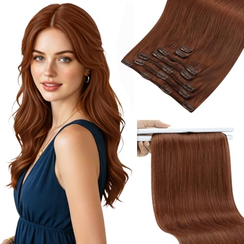 Image of Sunny Hair Clip in Hair Extensions Real Human Hair Copper Red Brown 135g | Remy Hair Extensions Clip Ins 16 Inch, Add Volume for Polished Fuller Look for Concert Hairstyles with Straight Texture Hair