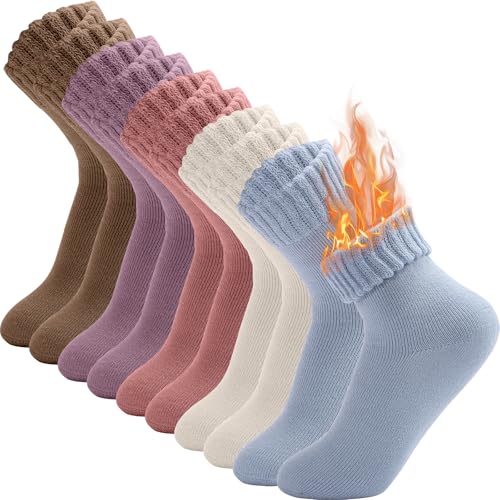 Risipu - Risipu 5 Pairs Kids Wool Hiking Socks Boys Girls Toddler Thermal Winter Warm Thick Cushioned Moisture Wicking Socks (UK, Age, 9 Years, 12 Years, Regular, Blue + Purple + Pink + Khaki + Beige)