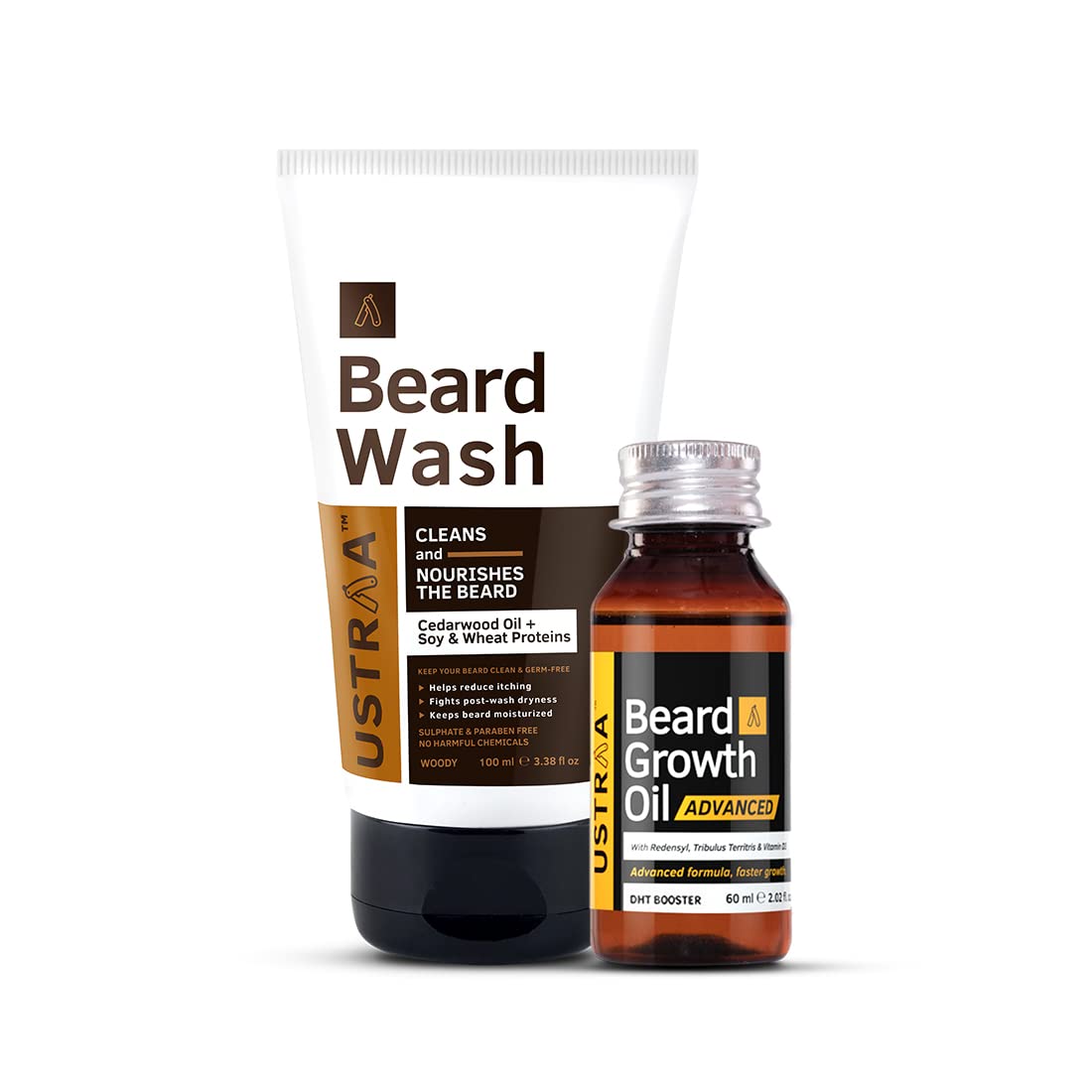 Ustraa Beard Growth Oil Advanced - 60ml - for Patchy Beard issues, With Redensyl & DHT Booster & Beard Wash Woody - 100 ml - SLS-free Beard Wash | No Post-wash Dryness | for Germ-Free Beard