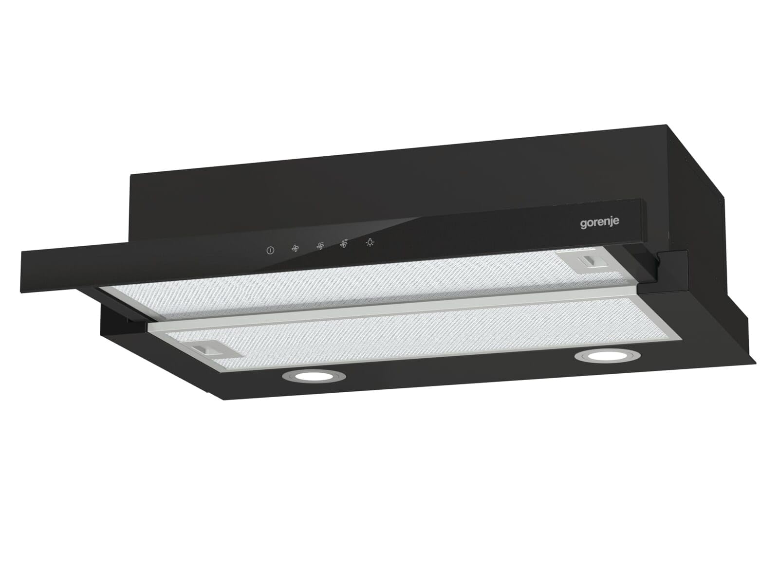 Gorenje TH 64E4BG - Cappa aspirante con illuminazione a LED, filtro in poliuretano/aria di scarico o ricircolo, colore: Nero/Vetro -450 M³/H