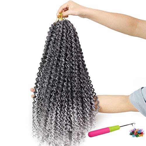 Ombre Gray and Black Passion Twist Braiding Hair 18 Inch 7 Packs Pre Looped Water Wave Bohemian Bradis for Passion Twist Crochet Hair Extension (16 Strands/Pack)