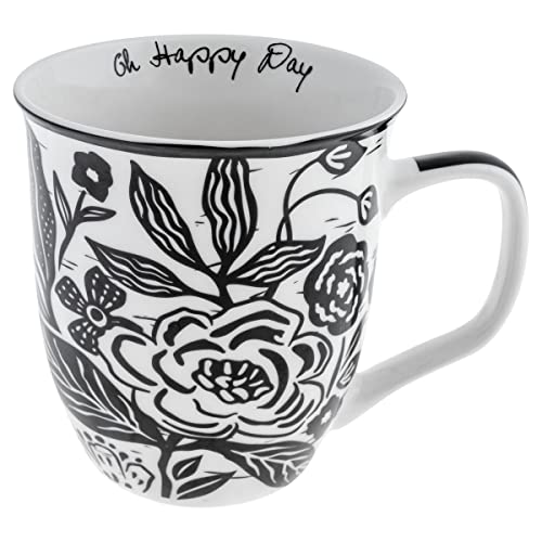 Karma Gifts 16 oz Black and White Boho Mug Floral - Cute Coffee and Tea Mug - Ceramic Coffee Mugs for Women and Men, 4.25' x 3.7'