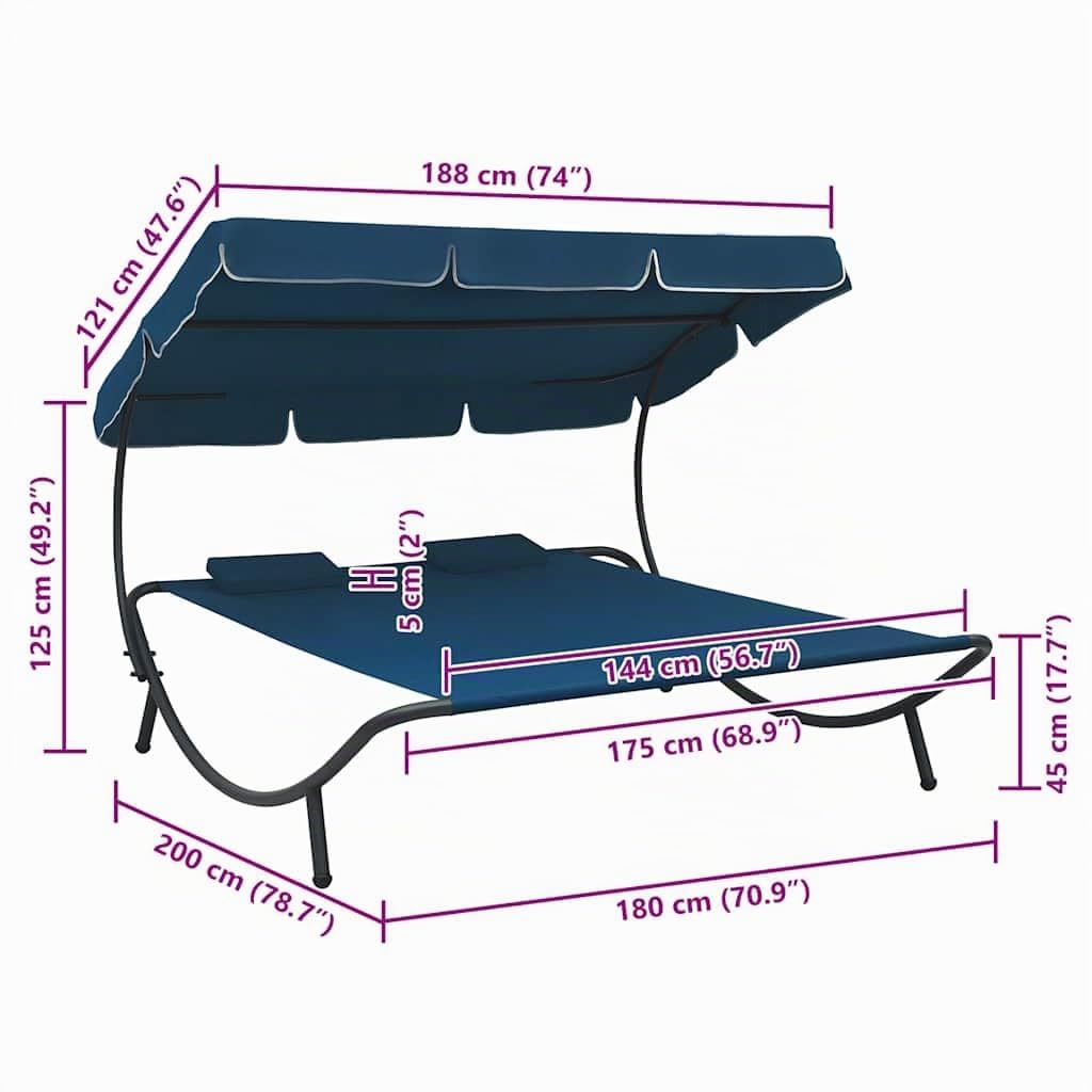 vidaXL Lit de Repos d'extérieur avec auvent et oreillers Bleu