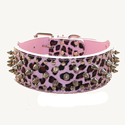 Haoyueer Faux Leather Spiked Studded Dog Collar for Medium Large Dogs Pit Bull Mastiff Bully Boxer(Pink Leopard,M)
