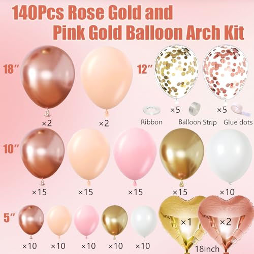 Image of Rose Gold Balloon Garland Arch Kit, 140Pcs Nude Pastel Pink Metallic Gold White Balloons Gold and Rose Gold Confetti Balloons with Heart Foil Balloon for Wedding Bridal Birthday Party Decorations