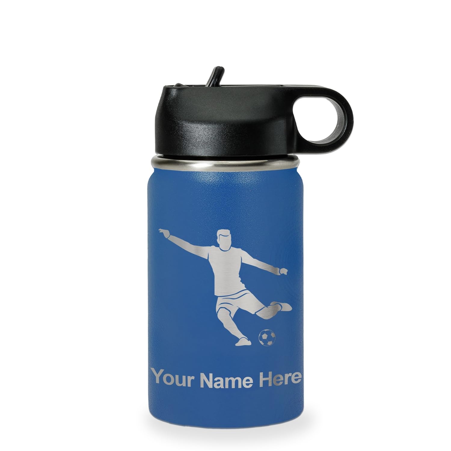 LaserGram Personalized Water Bottle Soccer Player Man Stainless Steel Double Wall Vacuum Insulated with Flip Top Straw Custom