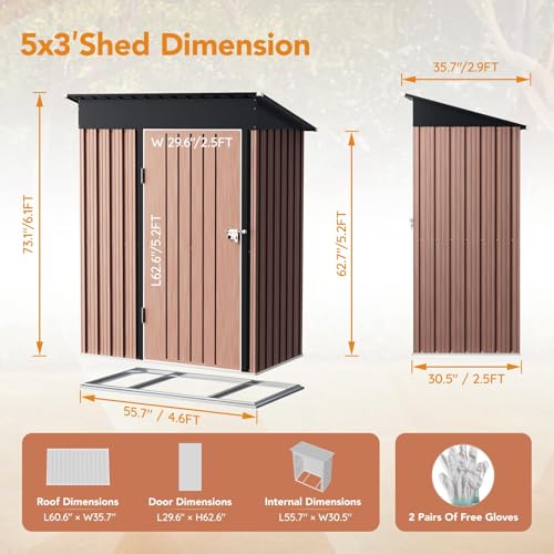 Image of Panovue 5X3X6.1 FT Garden Storage Shed with Frame Floor,Steel Tool Shed with Lockable Door, Anti-Corrosion Metal Shed for Backyard Patio Lawn ((Wood Panels Not Included))