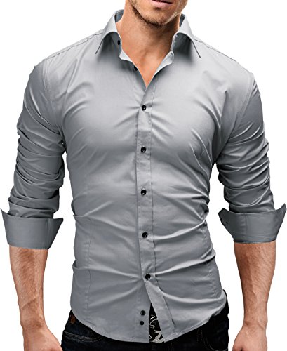 Merish Chemise Slim Fit Hommes Manches Longues Chic et décontracté Beaucoup de différentes Couleurs de Haute qualité Modell 01 Gris XXL