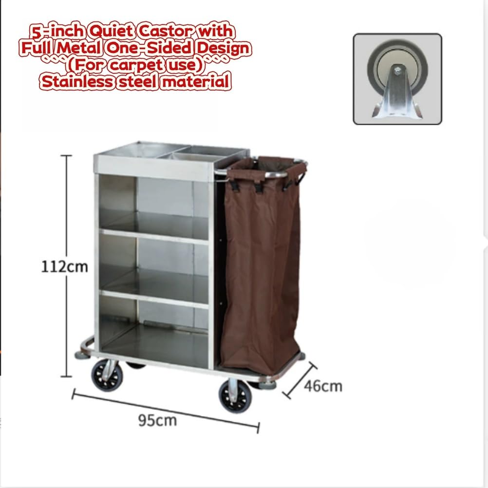 Carrito de limpieza resistente con ruedas bloqueables y 3 contenedores de almacenamiento, carrito de limpieza para hotel, servicio de habitaciones, personal de limpieza