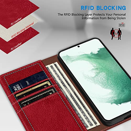 Image of ZZXX for Samsung Galaxy S22 Plus Wallet Case with [RFID Blocking] Card Slot Stand Strong Magnetic Leather Flip Fold Protective Phone Case for Samsung Galaxy S22 Plus Case Wallet(Red-6.6 inch)