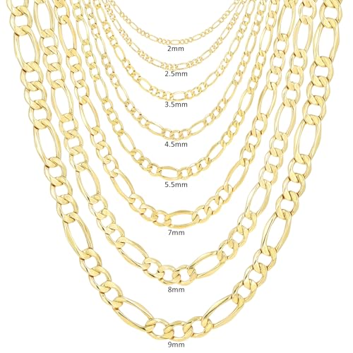Nuragold 10K Real Yellow Gold Figaro Link Chain Necklace 16