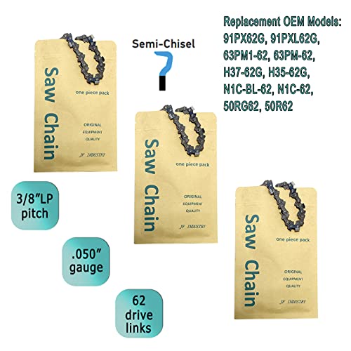 Jf(3 Pack) S62,18 Inch Chainsaw Chain, Pitch 3/8" Lp Gauge .050'', 62 Drive Links, Fits Craftsman/Sears, Echo, Homelite, Mcculloch, Ryobi, Poulan Pro, Jonsered, Remington And More #TOP5