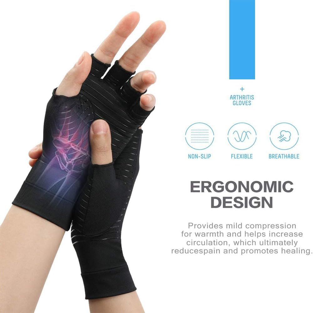 COPPER HEAL Copper Compression Gloves – Pain Relief for Arthritis, Carpal Tunnel & RSI – Fingerless Pair