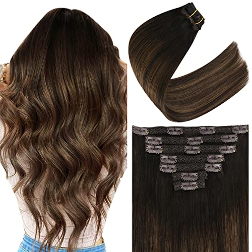 YoungSee Remy Clip in Hair Extensions Real Human Hair Balayage Dark Brown to Medium Brown Hair Extensions Clip Ins Balayage Brown Real Human Hair Clip in Extensions 18 Inch 7pcs 100g