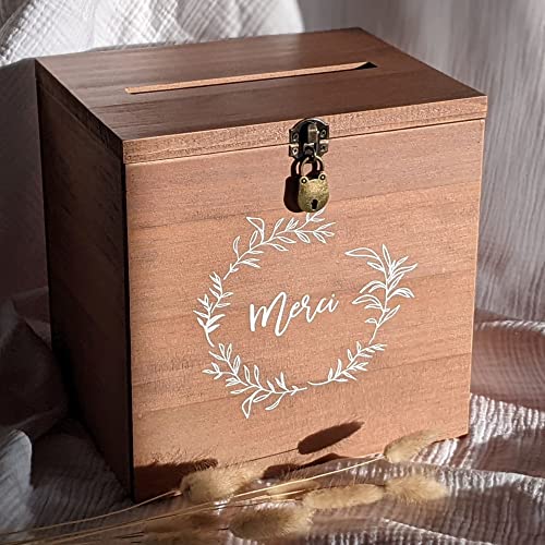 TE Whaka Boite en bois pour enveloppes - Boite avec cadenas - Caisse en bois | 25 x 25 x 20 CM | Urne mariage Cadeau - Urne anniversaire, bapteme, communion -...