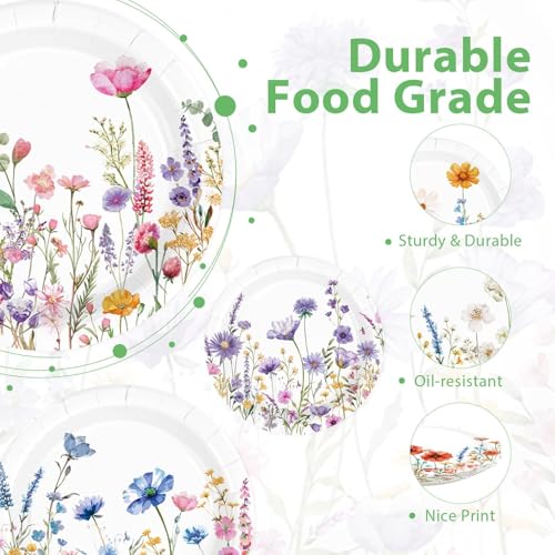 Image of 60Pcs Wildflower Paper Plates 7 inch for Wedding Birthday Party | Summer Floral Dessert Cake Paper Plates Disposable Spring Garden Flower Platters for Bridal Baby Shower Party Supplies