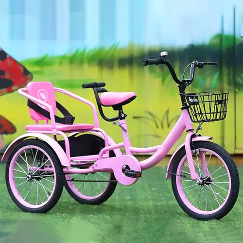 JIYIAN Pink,16 inches,Kids Classic Tricycle with Passenger Seat Adjustable Dual Ride Toddler Bike for 2-12 Years, Extra Wide Rear Seat, Front/Rear Storage Baskets, Anti-Slip Wheels, Sealed Bearings