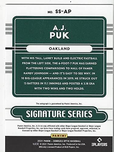 A.J. Puk Autographed Signature Series Collectible Baseball Card - 2021 Panini Optic Baseball Card #SS-AP (Athletics)