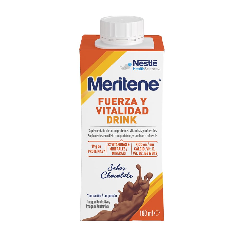Meritene, Fuerza y Vitalidad Drink, Sabor Chocolate, Listo para Tomar, Fuerza para tus Músculos, Vitalidad para ti, Batido con Proteínas, Vitaminas y Minerales, 6 Unidades, 180 ml