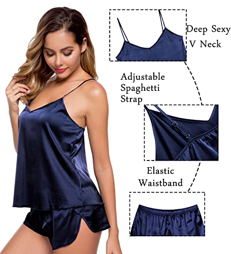 Image of SWOMOG Womens Silk Satin Pajamas Sets 4pcs Sleepwear Sexy Cami Shorts Set and Button Down Short Sleeve Pjs Loungewear